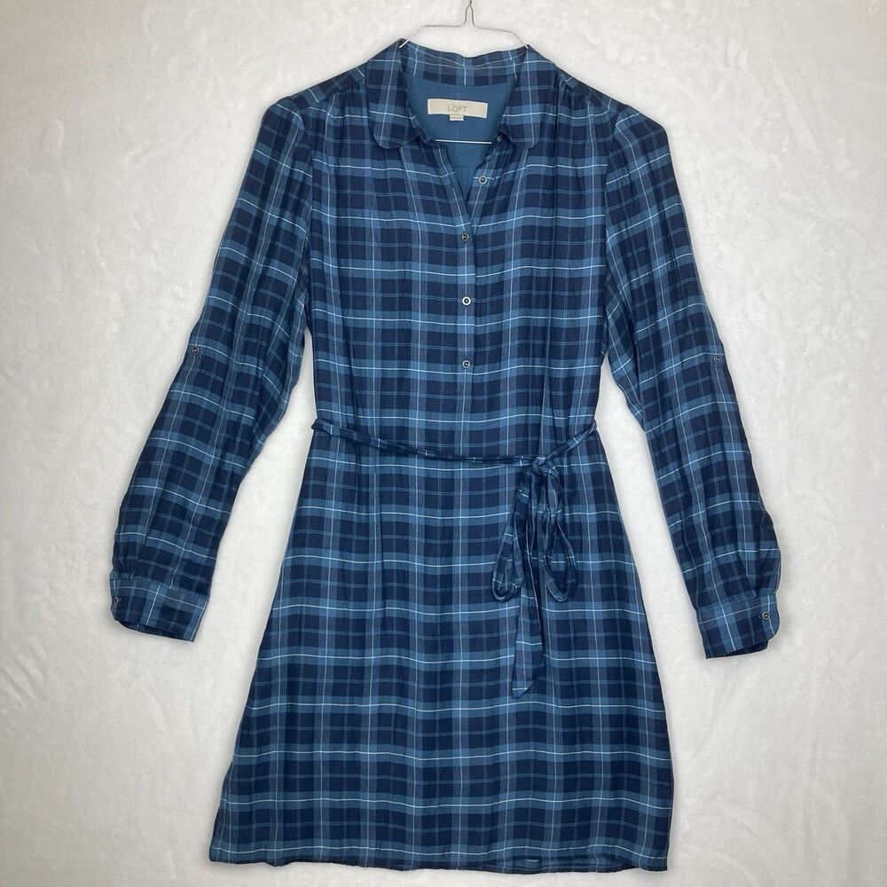 LOFT Dress Women’s Medium Blue Plaid Belted Button Up Shirt Dress Knee Length